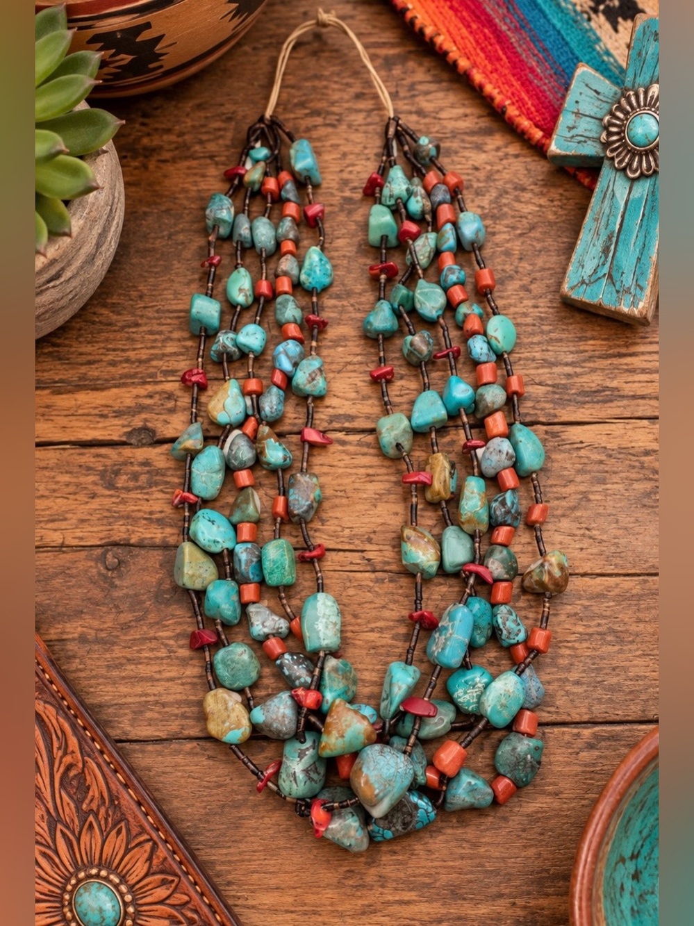 Native American Natural Turquoise Coral Multi Strand Heishi Beaded Necklace